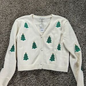 Francesca's Cream Cardigan with Green Tree Design